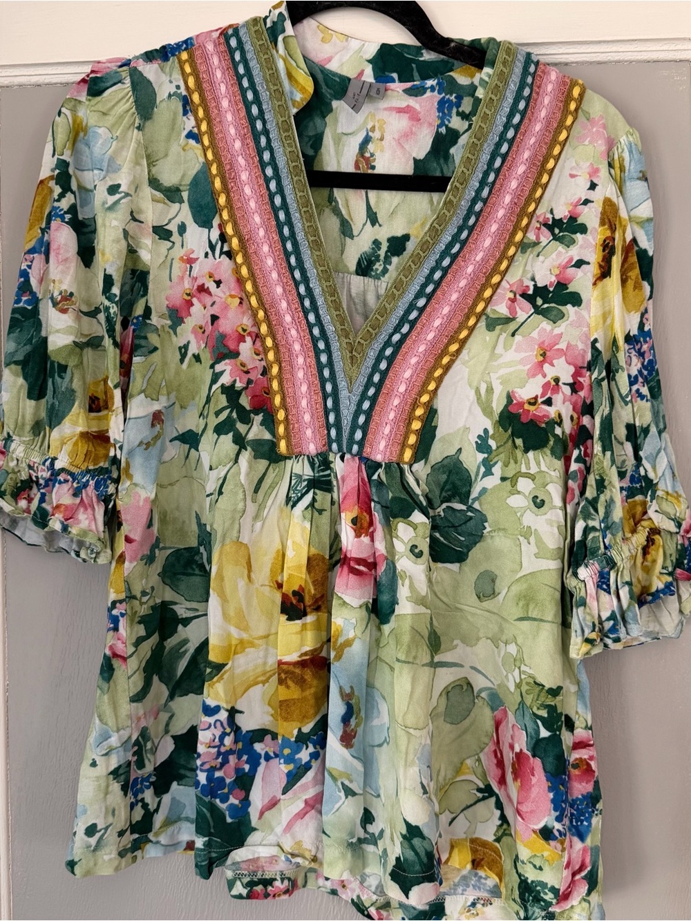 BI^nk London Anthropologie STEPHANIE Floral V-Neck Top pink green - Picture 4 of 10